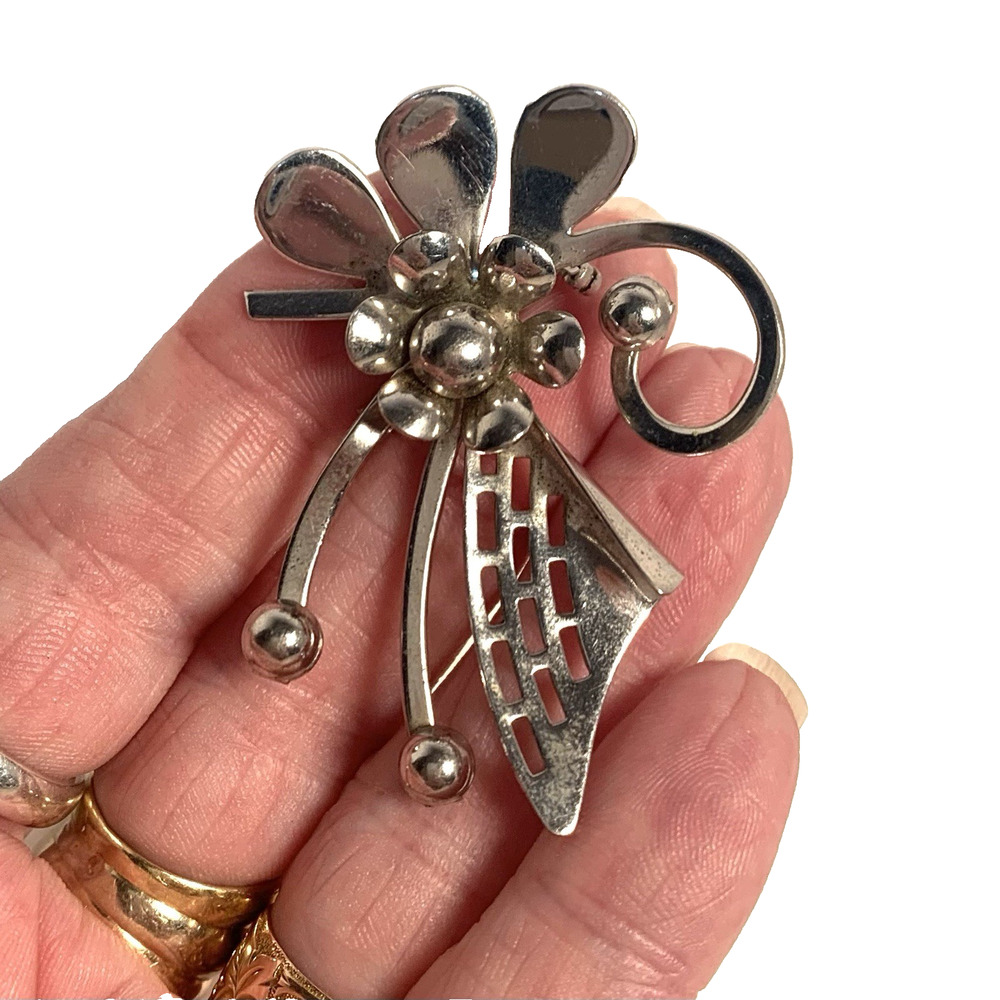 Vintage 1950s-60s Silver Tone Flower Brooch Lattice Rivet Construction MCM Pin